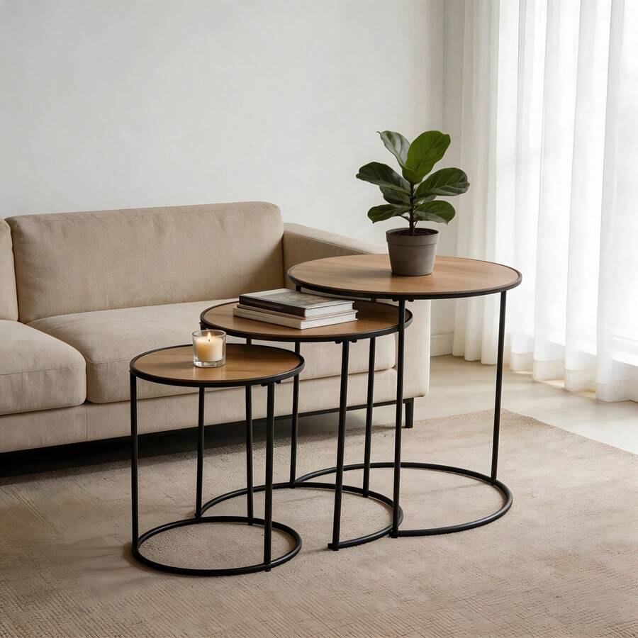 1 Set round nested tea tables, featuring nestable round coffee tables and sofa side tables. This Italian minimalist mother-and-child tea table allows free combination of different heights and flexible arrangement. in is bedroom, balcony and courtyard. The upper layer can hold water cups, scented candles and green plants, while the lower layer provides storage for books, remote controls and snacks. Space-saving and homeage for room and terraces and outdoor spaces. It is also a thoughtful gift choice for festivals, housewarming celebrations, Mother's Day and Father's Day. - 駝色 - 查看 1