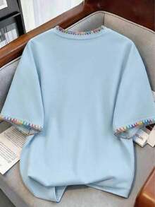Camiseta de mujer de cuello redondo con estampado de contraste de color degradado de fresa, para verano - Celeste - Ver 2