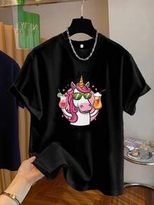 Women's Short-Sleeved T-Shirt With A Modern Print, Cartoon Unicorn Design, Casual Round Neck Top Ideal For All Seasons - 黑色 - 查看 1