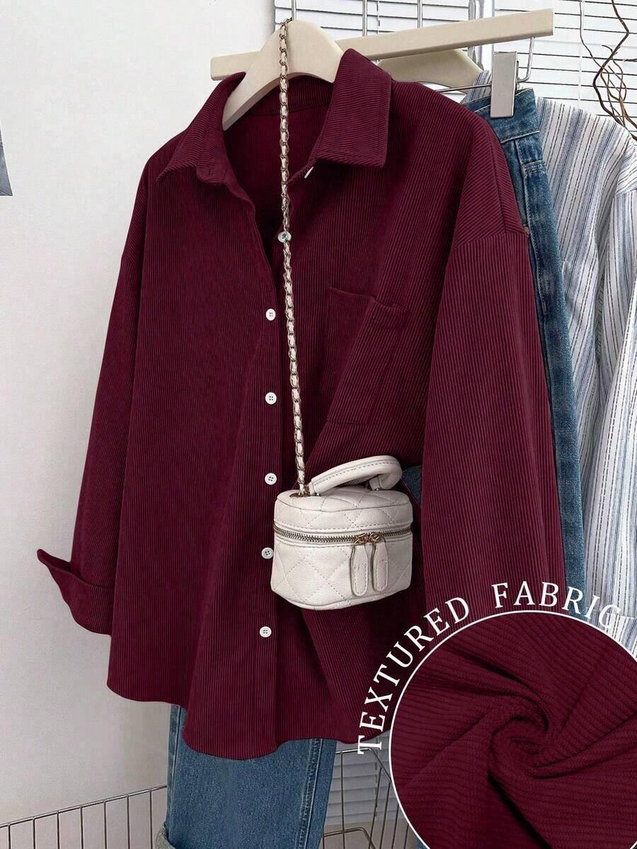 Camisa casual de manga larga, de un solo pecho, de unicolor y holgada para mujer - Burdeos - Ver 1