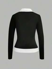 Blusa casual de manga larga con cuello de contraste y diseño 2 en 1 para mujer - Negro 2 - Ver 3
