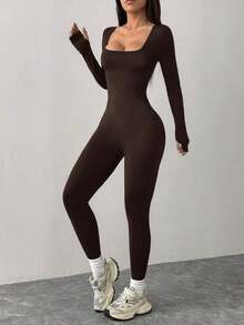 PETITE Mono Negro de Punto con Cuello Cuadrado, Ajustado, Casual, Deportivo, para Yoga, Ropa de Otoño para Mujer - Óxido marrón - Ver 6