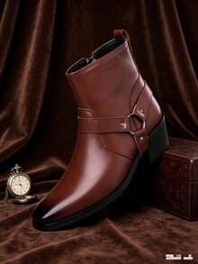 New Men's High Heel Leather Boots, Retro Western Cowboy Boots With Metal Buckle Strap And Side Zipper, Elevated Formal Boots, British Style - Brown - View 3