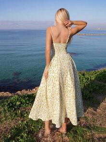 Vestido casual de tirantes tipo sundress de flujo con estampado floral minimalista en amarillo para primavera y verano - Multicolor - Ver 2