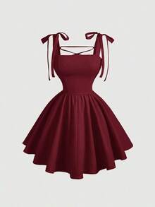 Vestido rosa romántico con espalda descubierta y lazo, adecuado para citas, fiestas, vacaciones, meriendas de té y ocasiones de cumpleaños - Burdeos - Ver 1