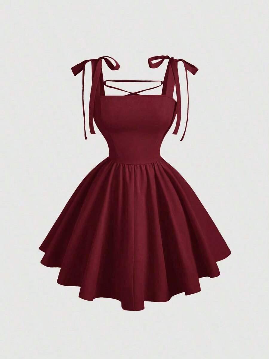 Vestido rosa romántico con espalda descubierta y lazo, adecuado para citas, fiestas, vacaciones, meriendas de té y ocasiones de cumpleaños - Burdeos - Ver 1