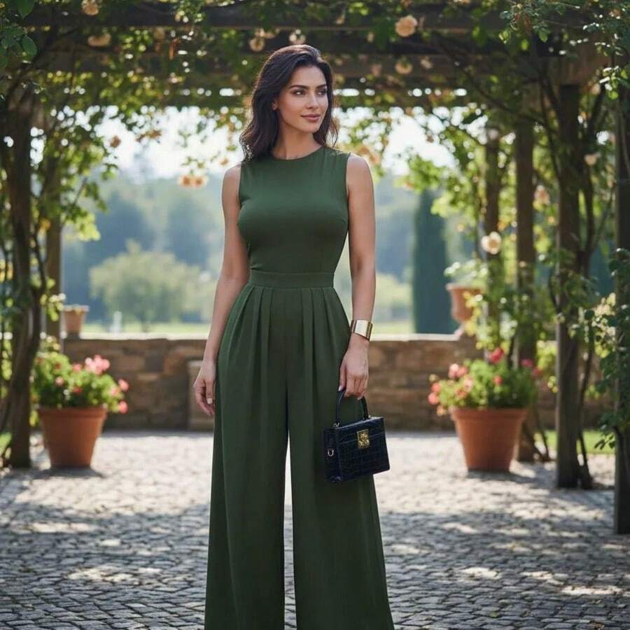 Mono Palazzo Casual De Gran Calidad De Mujer Ideal Para Oficina Y Fiestas - Verde militar - Ver 1