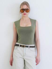 KARE YAKA KALIN ASKILI ESNEK KUMAS BLUZ - Green - View 3