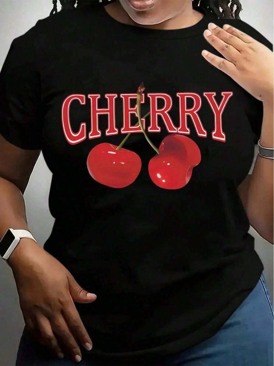 Vintage T-Shirts For Women, Cherry Red Fruit Print, 100% Breathable, Modern And Cool T-Shirt For Women - Black - View 1