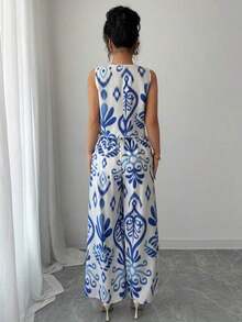 Set de 2 piezas con parte superior estampada de flores + pantalones anchos y sueltos de estilo vacacional de verano - Multicolor - Ver 2