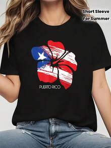 Women's Short-Sleeved T-Shirt With Round Neck, 100% Cotton, With Puerto Rico Flag Print Amapola Boricua, For Casual Daily Use. - 黑色 - 查看 3