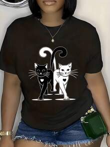 Camiseta de Tela Suave Talla Grande con Estampado de Gato Blanco y Negro - Camiseta casual de manga corta, adecuada para mujeres, cómoda para primavera y verano, fácil de lavar, camiseta de uso casual. |   Diseño de Gato Optimista |   Estilo cómodo, un regalo para amantes de los gatos, Camiseta de moda - Negro - Ver 7