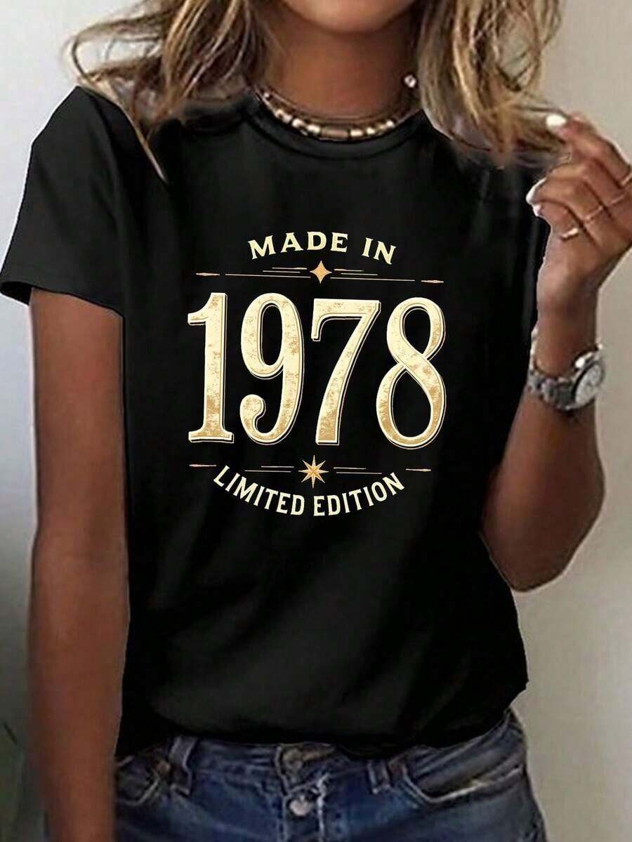 SummerCamiseta vintage de edición hecha en 1978 con estampado, cuello redondo y manga corta para verano y primavera, Ropa de mujer 100% AlgodónFashion All-match Women's Short Sleeve T-shirt, Basic Style for Inner & Outer Wear