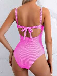 Basics 1 pieza Traje de baño de una sola pieza de mujer minimalista de unicolor con diseño hueco y cruzado en la parte delantera, con tirantes gruesos, para verano - Rosa Fucsia - Ver 2