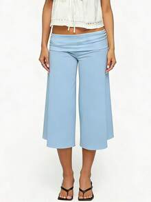 Y2K Fold-Over Waist Wide Leg Cropped Culottes, Low-Rise Casual Knit Pants For Women, Multi-Color Options - Blue - View 2