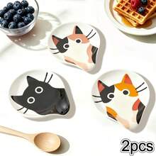 2 piezas de 10cm Lindo soporte para cucharas con forma de gato de cerámica, mini soporte adorable de porcelana para cucharas de café, pequeña bandeja para cucharas de té, adecuado para accesorios de barra de café y decoración de cafetería - Ver 2