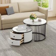 Elegant Set Of 2 Stackable Coffee Tables In White, 60*60*45.5 Cm And 50*50*32 Cm, Round With A Glossy Marble Effect Finish, 2 Drawers, Load Capacity Up To 30 Kg, Combination Of Stackable Coffee Tables. - Black and White - View 3