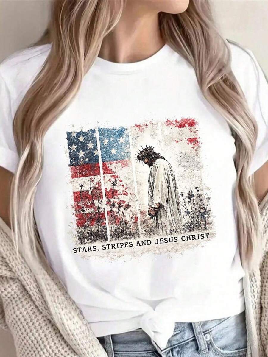 Camiseta con estrellas, rayas y Jesucristo, bandera estadounidense, gráfico religioso. Camiseta unisex de algodón puro de 220 g, peso ideal para todas las estaciones, apta para hombres y mujeres. Tejido duradero de alta calidad, suave al tacto y de larga duración. Parte superior transpirable. Adecuada para la primavera y el verano de las mujeres, vacaciones, Día de la Madre, Día de la Independencia. - Blanco - Ver 1