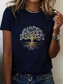 Women's Casual T-Shirt With Tree Of Life Print, Round Neck And Short Sleeves, Comfortable And Breathable For Everyday Wear, Spiritual Nature And Tree Casual T-Shirt - 黑色 - 查看 6