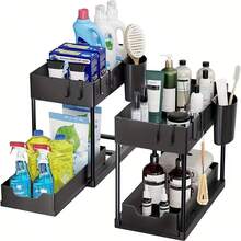 1 Black & White Under-Sink Storage Rack, Multi-Functional Bathroom Organizer, Double-Layer Large-Capacity Pull-Out Drawer Organizer, Suitable For Under Kitchen And Bathroom Sinks - Black - View 4