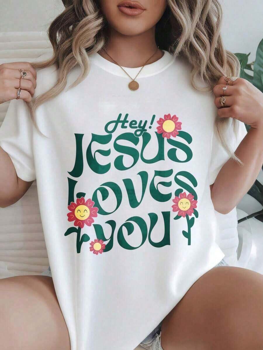 Women's Vintage Style Short Sleeve Casual T-Shirt - Floral Design "Hey Jesus Loves You", Round Neck, Summer Top, Machine Washable, Ladies' T-Shirts, Casual Wear, Modern Style, Comfortable Fit
BlackFashion - 白色 - 查看 1