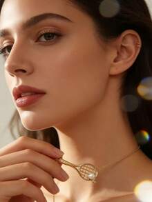 1pc Luxury Sports-Inspired Tennis Racket Faux Pearl Necklace, Fashionable Exquisite High-End Versatile Retro Jewelry Gift For Women - A Necklace - View 2