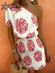 Women's Fashionable Versatile Elegant Floral Print Off-Shoulder Bodycon Dress, Spring/Summer - Multicolor - View 5