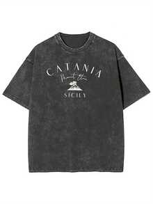 Camiseta Vintage Siciliana Italiana para Hombre - Estampado del Volcán del Etna y Catania, Diseño de la Bandera Italiana, Manga Corta Holgada y Transpirable, Camisa Casual con Efecto Lavado Vintage, Ideal para Viajes, Playa, Regalo Souvenir Siciliano, Apta para Todas las Temporadas - Negro - Ver 1