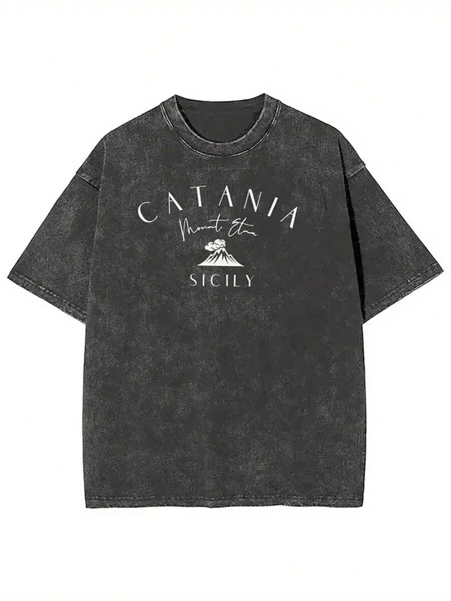Camiseta Vintage Siciliana Italiana para Hombre - Estampado del Volcán del Etna y Catania, Diseño de la Bandera Italiana, Manga Corta Holgada y Transpirable, Camisa Casual con Efecto Lavado Vintage, Ideal para Viajes, Playa, Regalo Souvenir Siciliano, Apta para Todas las Temporadas - Negro - Ver 1