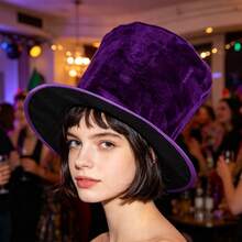 Velvet Vintage Dramatic All Seasons Top Hat, Distressed Texture, Relaxed Fit, Perfect For Themed Party, Halloween Cosplay, Stage Performance - Purple - View 2