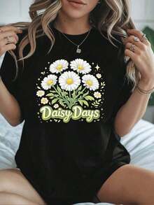 Women's Casual T-Shirt With A Daisy Graphic Print, Ideal For Autumn. Made From Premium Cotton, It Features An Artistic Print, An Urban Hip-Hop Style, And Is Breathable. Beautiful Blouses, 100% Cotton. - 黑色 - 查看 6