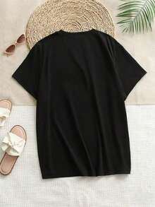 Camiseta de manga corta para mujer con cuello redondo y estampado de letras en inglés, casual, cómoda y a la moda para el verano. - Negro - Ver 2