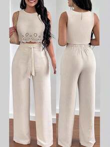 Set de 2 piezas para mujer con top corto elegante con diseño calado y ata y pantalón recto para vacaciones - Albaricoque - Ver 9