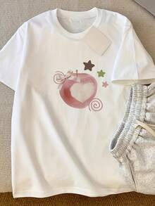 Camiseta Oversize de Manga Corta para Mujer Y2K - Top Suelto de Verano con Estampado de Corazón y Manzana, Ideal para Looks Casuales y Capas - Blusa de Cuello Redondo Lavable a Máquina - Blanco - Ver 5