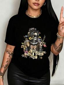 Playera Mujer "Catrina con Café y Flores" - Diseño Día de Muertos con Frase Positiva - Negro - Ver 2