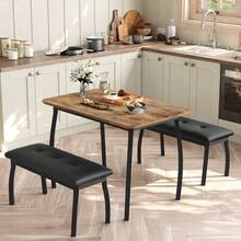 Conjunto de comedor industrial de 3 piezas para 4 personas – Estructura de metal resistente y superficie de madera – Incluye 2 bancos tapizados en cuero PU – Mobiliario moderno y ahorrador de espacio para comedor, cocina o restaurante – 43''x28''x30'' – Negro/Gris/Vintage - Color retro - Ver 5