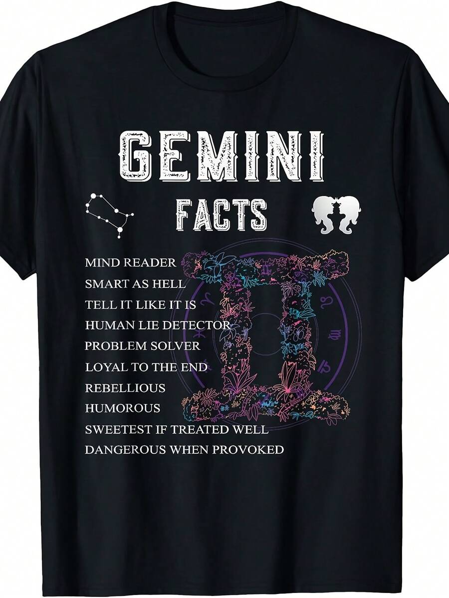 Plus Size Women's T-Shirt With The Gemini Zodiac Sign - Astrology Gift For May And June Birthdays. Casual Black Short-Sleeved Crew Neck T-Shirt With Gemini Facts Design, 180 G/M², For Gemini Women. Classic Retro Style, Crew Neck, And Short Sleeves. - 黑色 - 查看 1