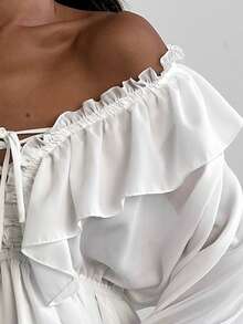 Vestido blanco gasa 2026, cuello V con cordón, manga acampanada, diseño asimétrico corte A largo casual - Blanco - Ver 4