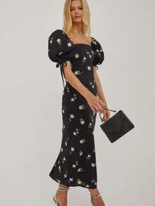 Vestido vacacional floral 2026, cuello barco, manga pompom, corte ajustado largo estilo francés - Negro - Ver 3