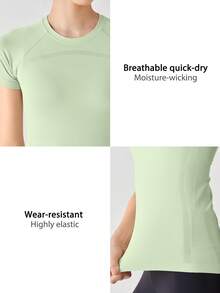 Leorrey 1 pieza Camiseta deportiva de mujer con cuello redondo, manga corta, de malla, cómoda y suave, para senderismo, running, fitness, entrenamiento, tenis y golf - Verde - Ver 4