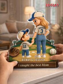 Custom Animated Acrylic Plaque For Mother's Day, Upload Your Photo To Be Rendered As Cute Cartoon, Baseball Theme "I Caught The Best Mom", Personalized Name, 2D Flat Sign - As Shown - View 8