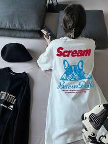Women's Summer T-Shirt, American Vintage Style, Cream Color, With French Bulldog Print, Loose Fit, Versatile, Short Sleeve, Casual, White - 白色的 - 查看 3