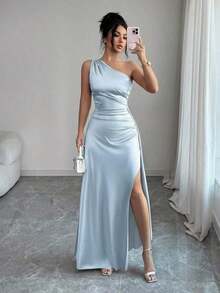 YHHSelianne Vestido de noche largo y sexy para mujer con un hombro, cintura fruncida y abertura alta, de satén de lujo, nuevo para el verano de 2026YHH - Celeste - Ver 12