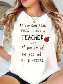 Funny T-Shirt For Teachers - With The Inscription "If You Can Read This, Thank A Teacher" And "Yoo Kan Rid Ths Yoo Prbli Ar A Teecha", Casual Short Sleeve Crew Neck T-Shirt For Educators, Spring Summer - 白色 - 查看 10