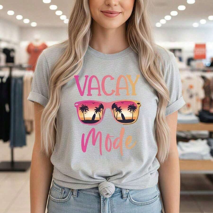 Camiseta de Algodón con Estampado Gráfico 'Vacay Mode' para Mujer, Manga Corta, Cuello Redondo, Estilo Casual, Top para Vacaciones de Verano en la Playa, Tallas S-5XL Disponibles, Camiseta Básica Negra con Diseño de Gafas de Sol y Palmera, Tejido de Algodón Suave y Transpirable, Camiseta de Corte Holgado para Uso Diario, Esencial para Vacaciones - Gris Claro - Ver 1