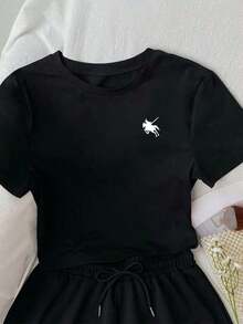 Conjunto casual de camiseta con estampado bordado de corazón y shorts de cintura elástica para mujer, adecuado para deportes al aire libre, regalo para mujeres, hermanas, mamá, Día de la Madre, Día de San Valentín - Negro 2 - Ver 4