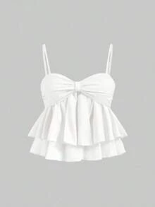 Top de tirantes con volantes y pliegues de color rosa dulce para mujer, top corto de verano - Blanco 2 - Ver 5