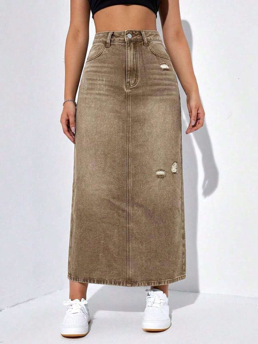 Falda larga de mezclilla desgastada para mujer - Caqui - Ver 1