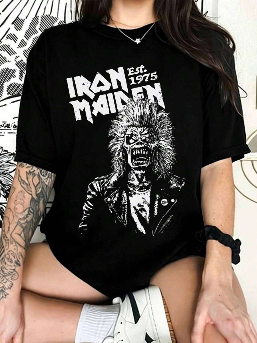 I-Irons M-Maidens Est. Eddie 1975 Graphic T-Shirt, Classic Metal Band Tee - Black - View 1