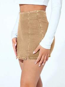 Falda pantalón informal de mezclilla con corte alto y dobladillo con doble abertura para mujer - Caqui - Ver 3
